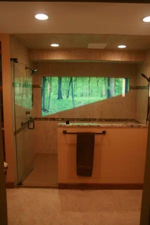 Eliminating a tub with a great view of the woods behind the home was a tough decision, but the large shower with a "wooded" scene permanently on their window was the perfect solution! 