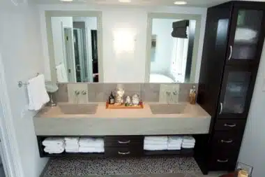 Extra thick stone vanity top and open towel storage