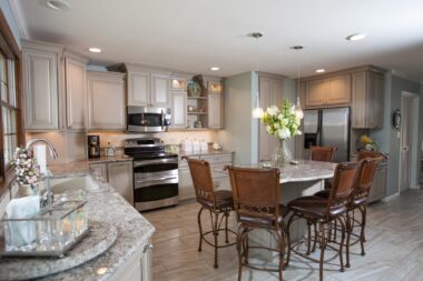 Lighted and open shelving makes room for decorative accents 