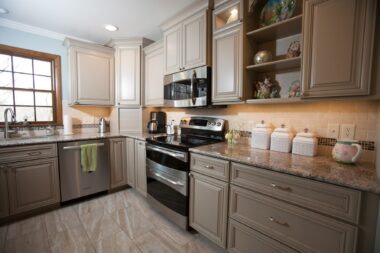 Lighted and open shelving allows for decorative accents 